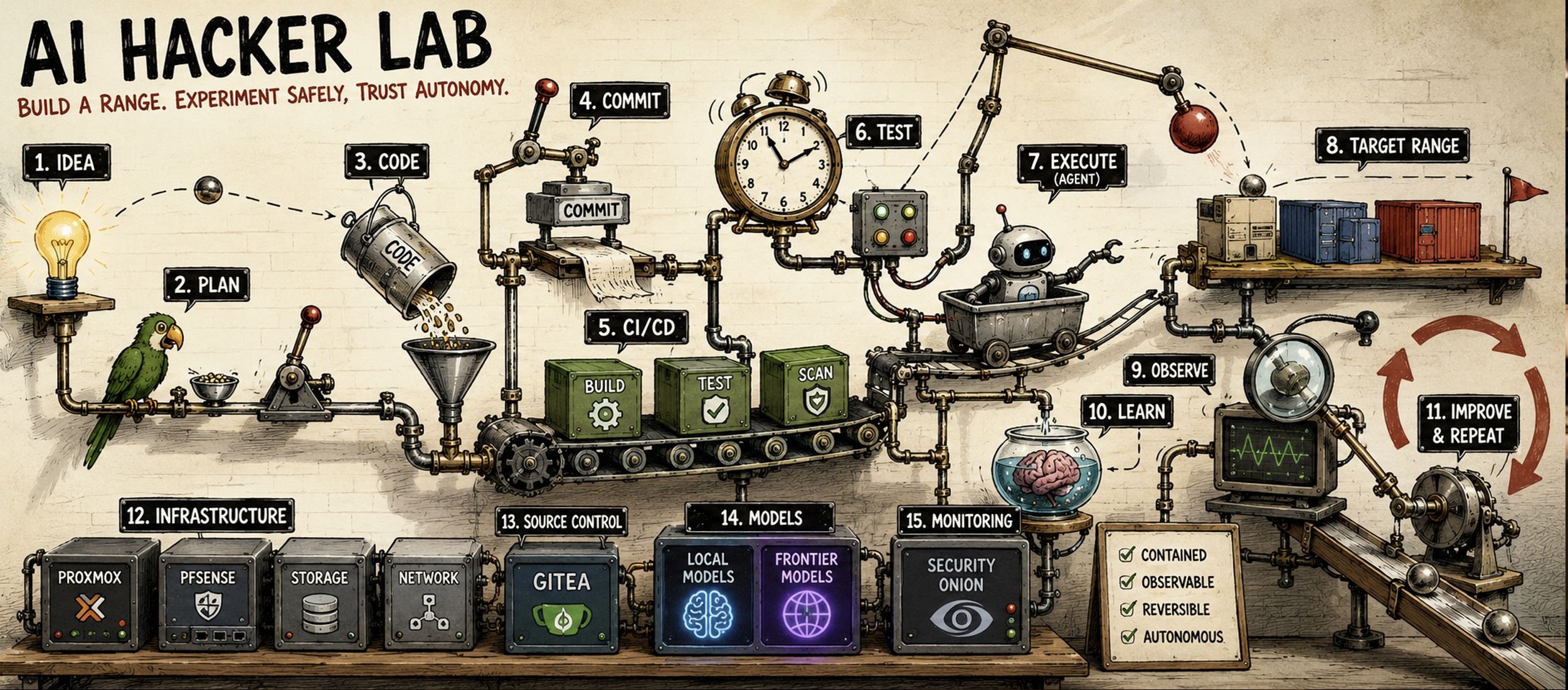 Illustrated AI hacker lab showing the autonomous-agent development lifecycle, isolated infrastructure, source control, local and frontier models, and security monitoring