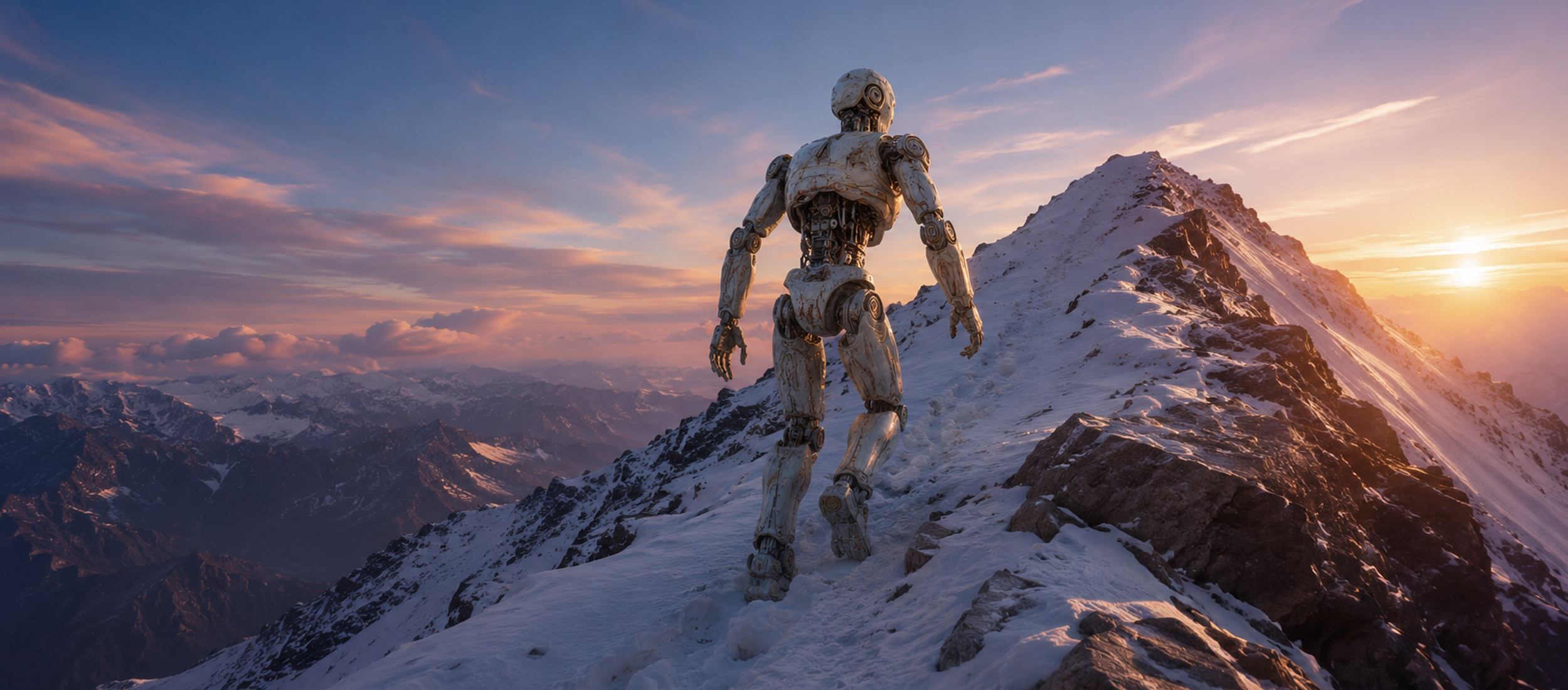 A humanoid robot ascending a snowy mountain ridge toward the sunset