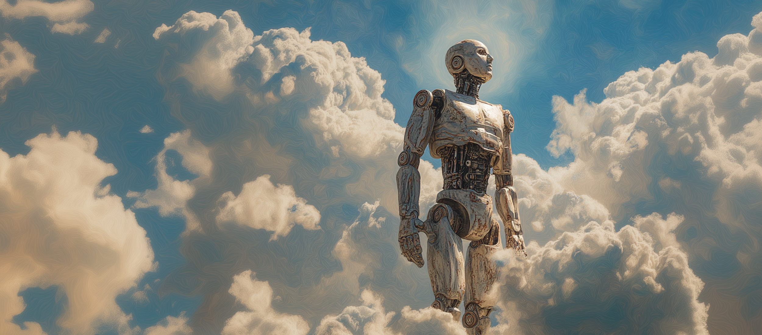 A humanoid robot standing among clouds beneath a blue sky