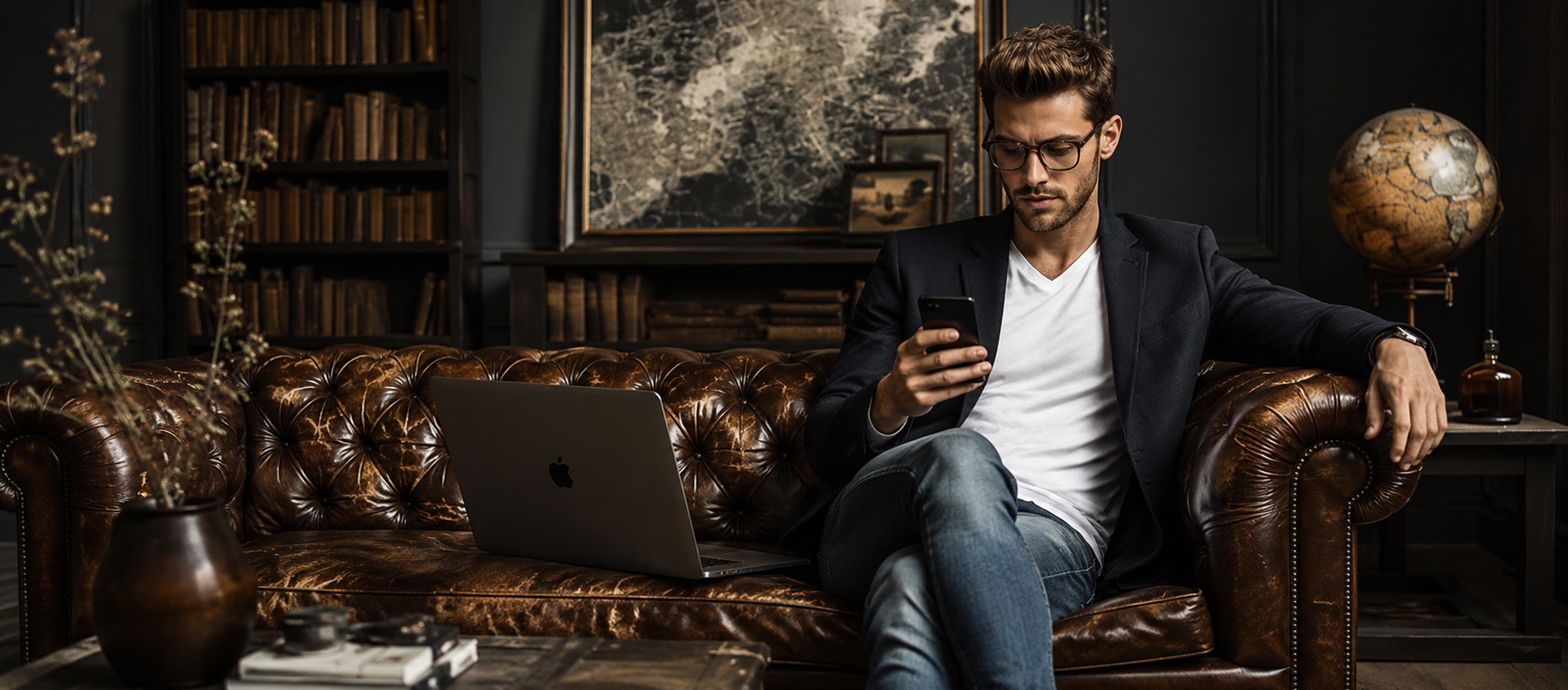 Executive reviewing his phone beside a laptop in a private office
