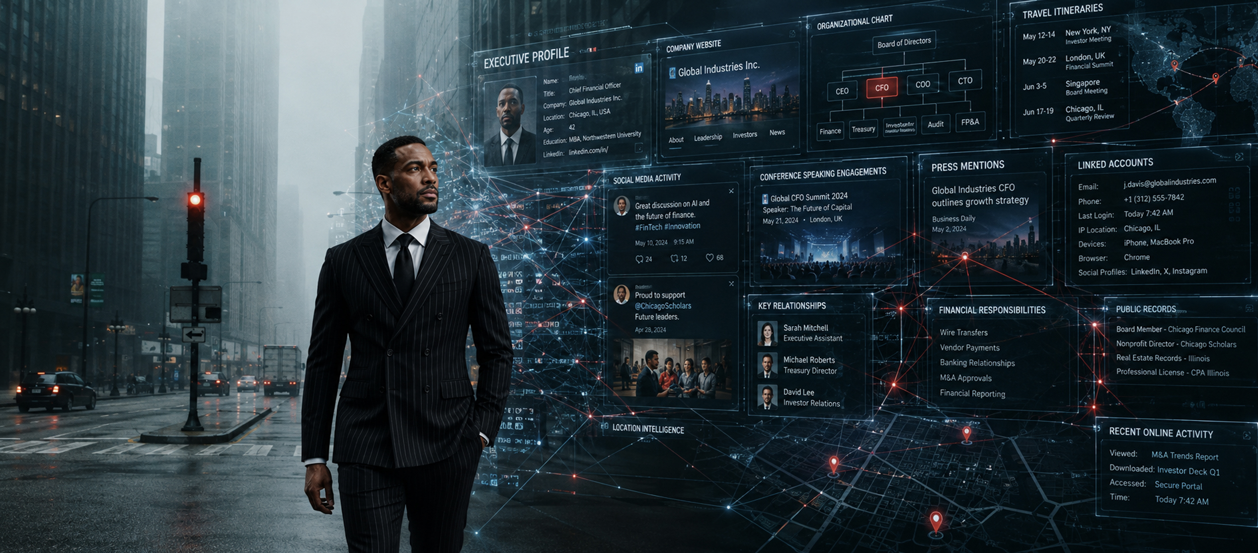 Executive standing beside a digital OSINT profile mapping public and professional information
