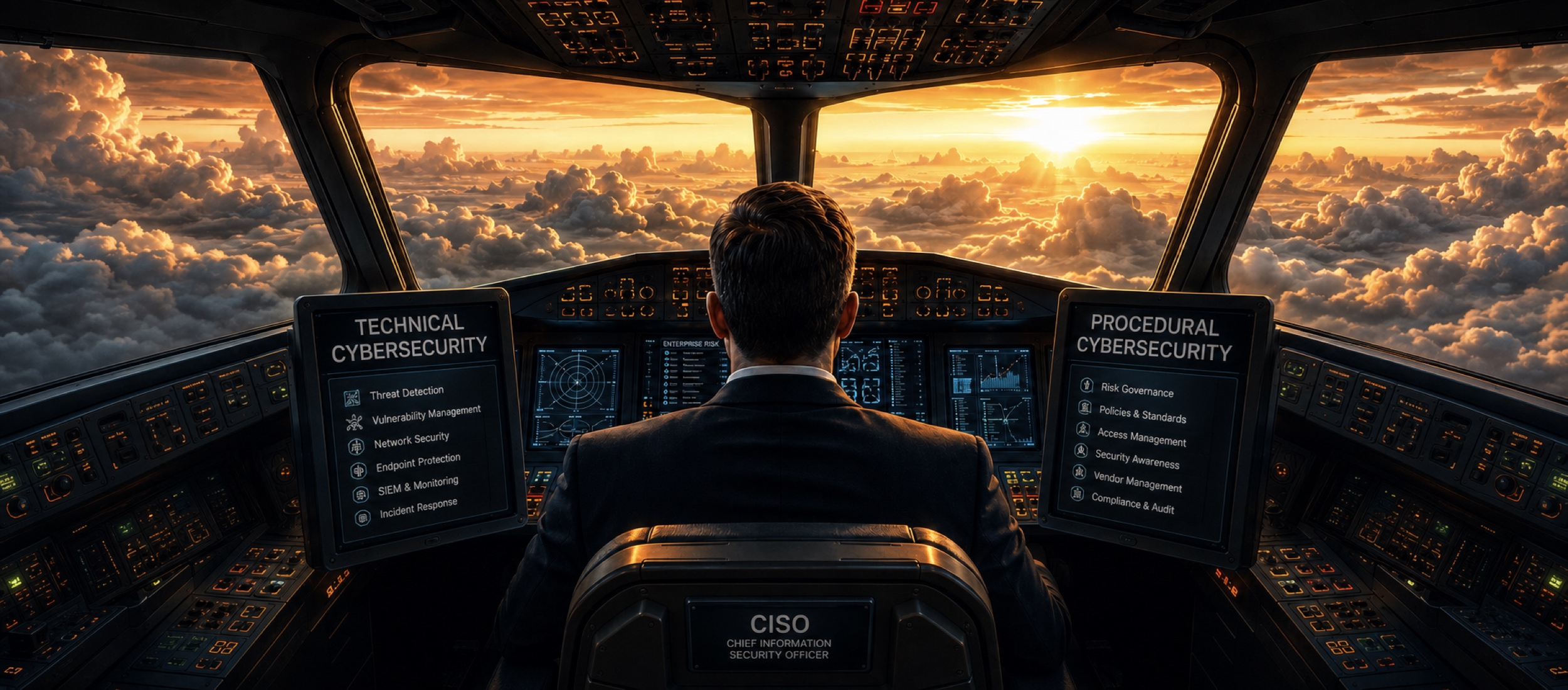 CISO in an aircraft cockpit overlooking clouds with technical and procedural cybersecurity displays