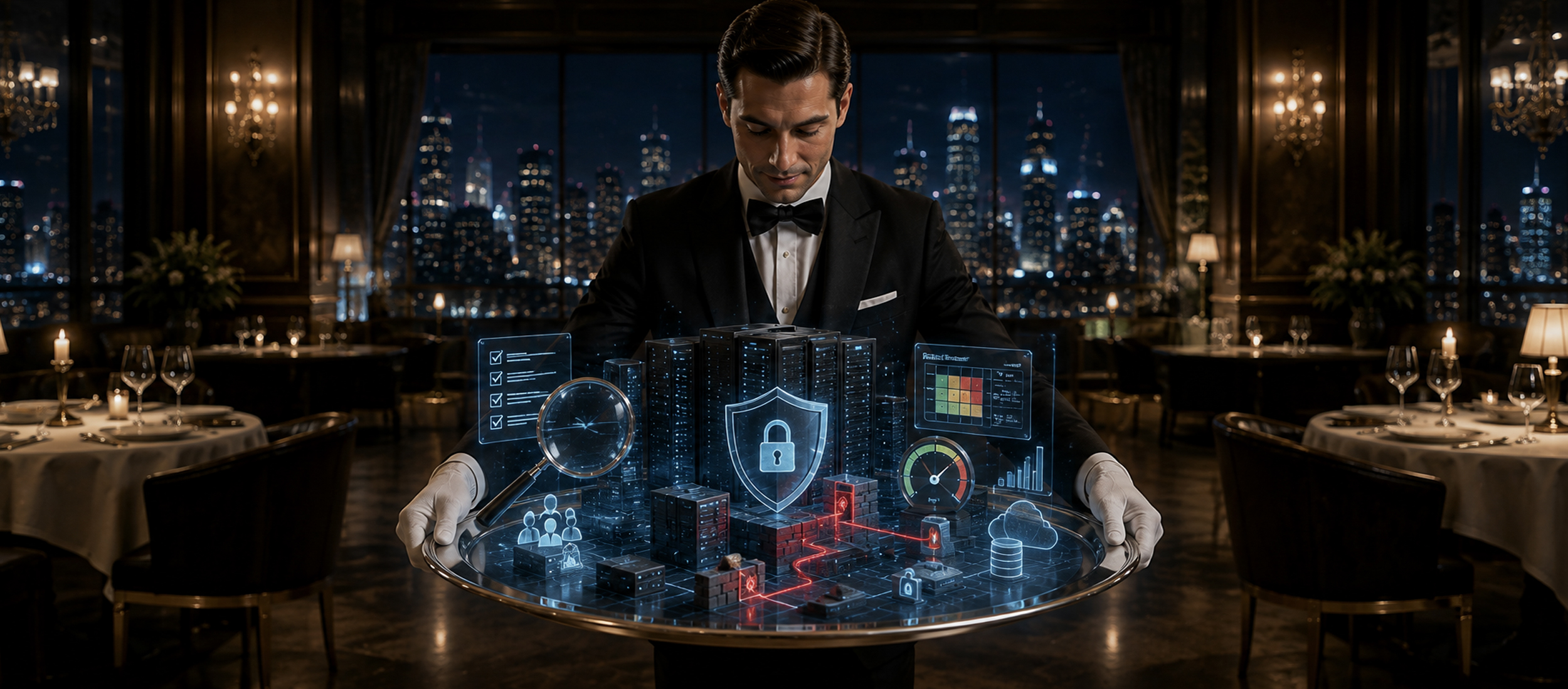 White-glove professional presenting an integrated cybersecurity risk assessment and penetration testing environment